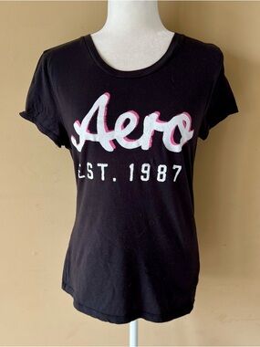 Aeropostale XL Black Pink White 1987 Shirt Top Tee